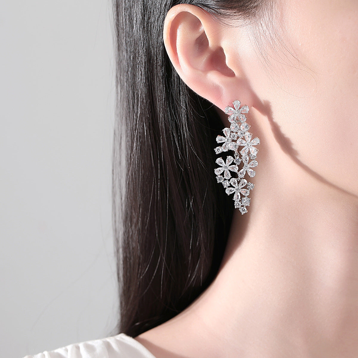 White Gold Plated Bridal Cubic Zirconia Cluster Earrings AAA2270