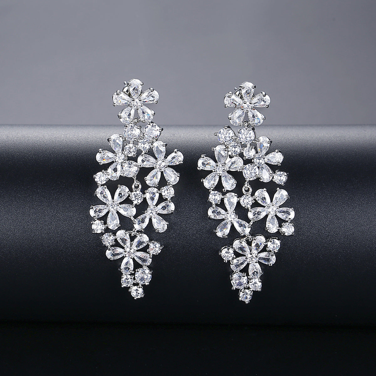 White Gold Plated Bridal Cubic Zirconia Cluster Earrings AAA2270