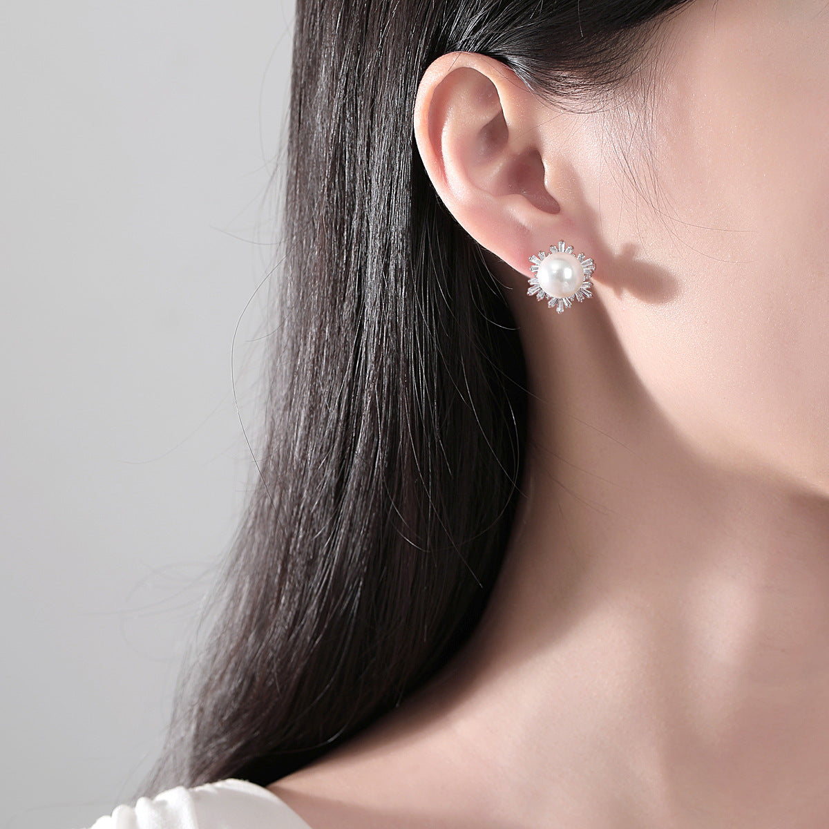 White Gold Plated Faux Pearl Cubic Zirconia Stud Earrings AAA2274