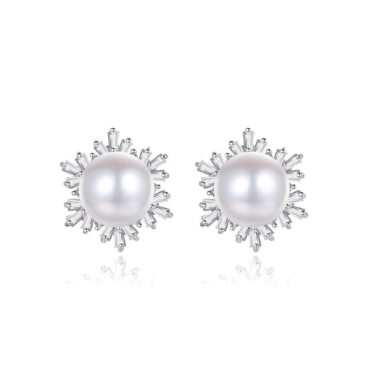 White Gold Plated Faux Pearl Cubic Zirconia Stud Earrings AAA2274