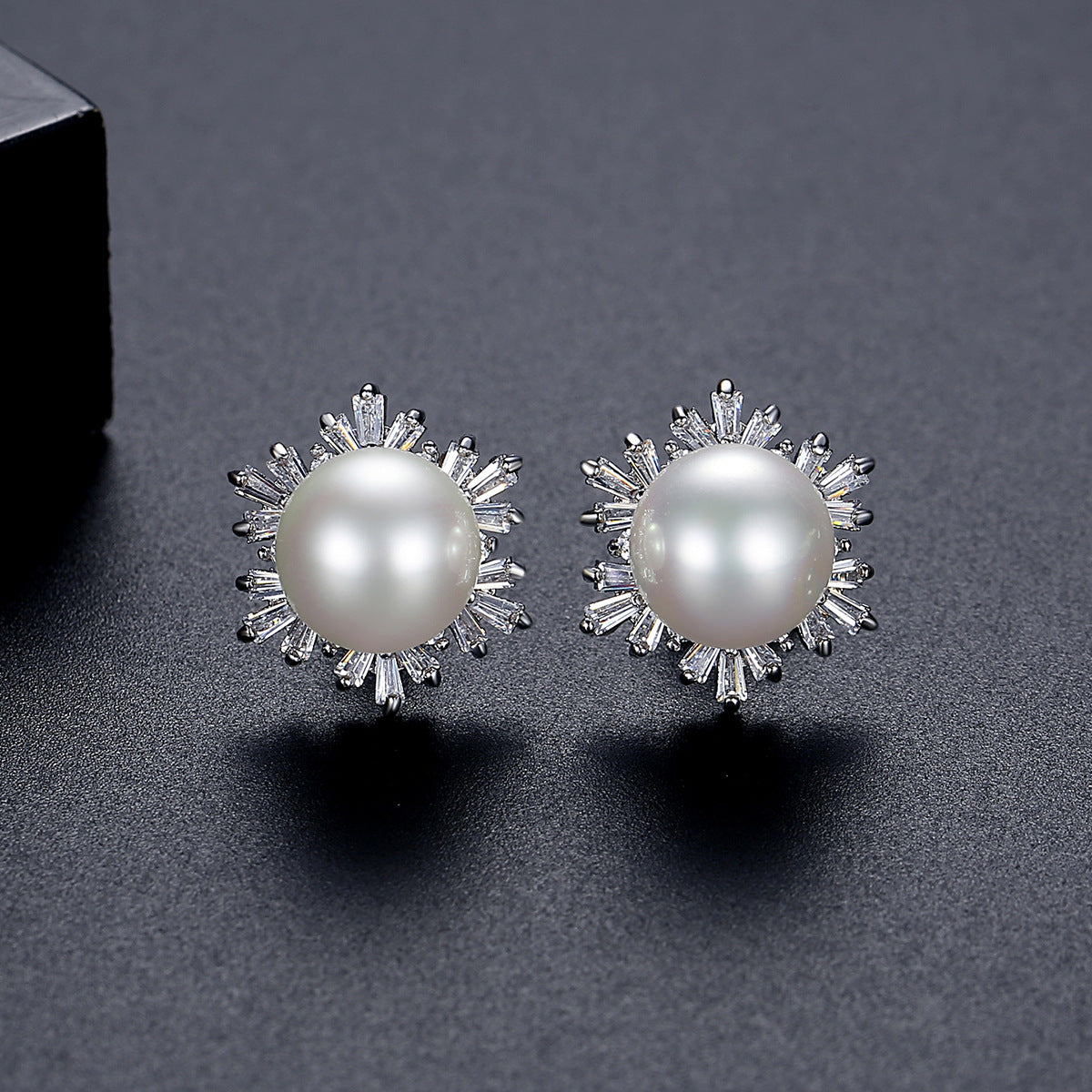White Gold Plated Faux Pearl Cubic Zirconia Stud Earrings AAA2274