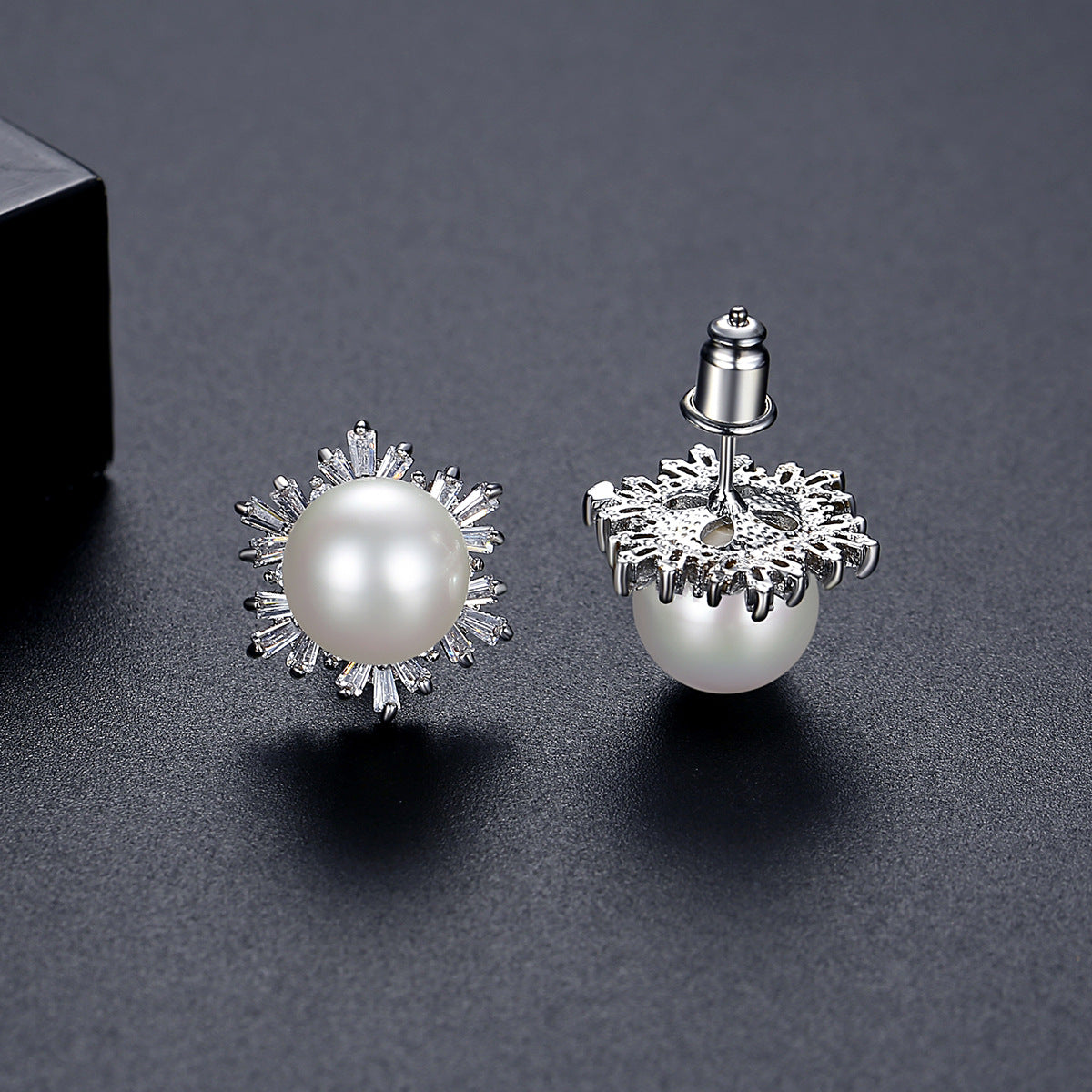 White Gold Plated Faux Pearl Cubic Zirconia Stud Earrings AAA2274