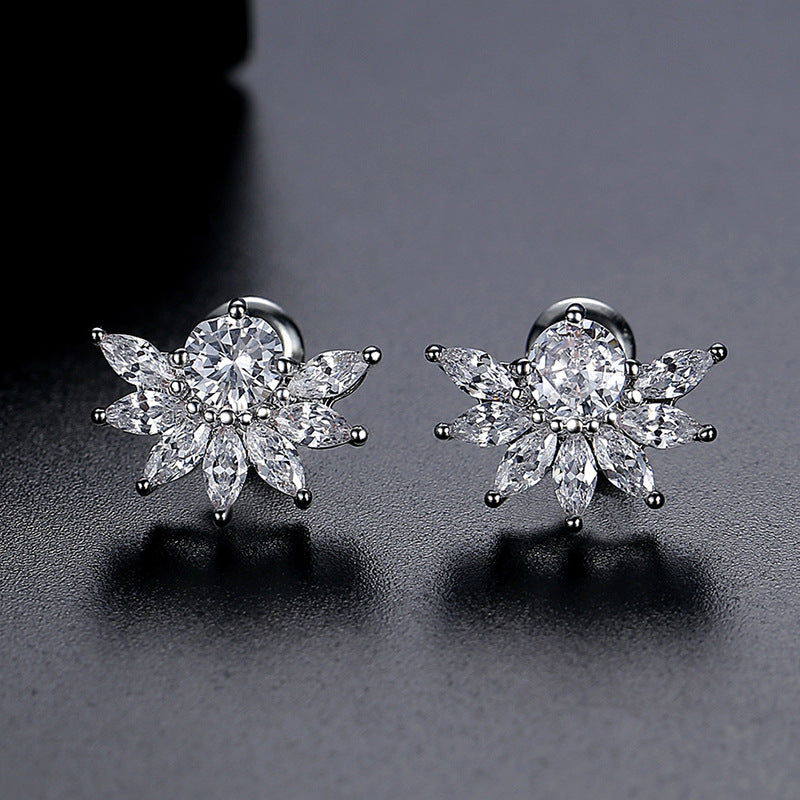 White Gold Plated Cubic Zirconia Flower Stud Earrings AAA2300