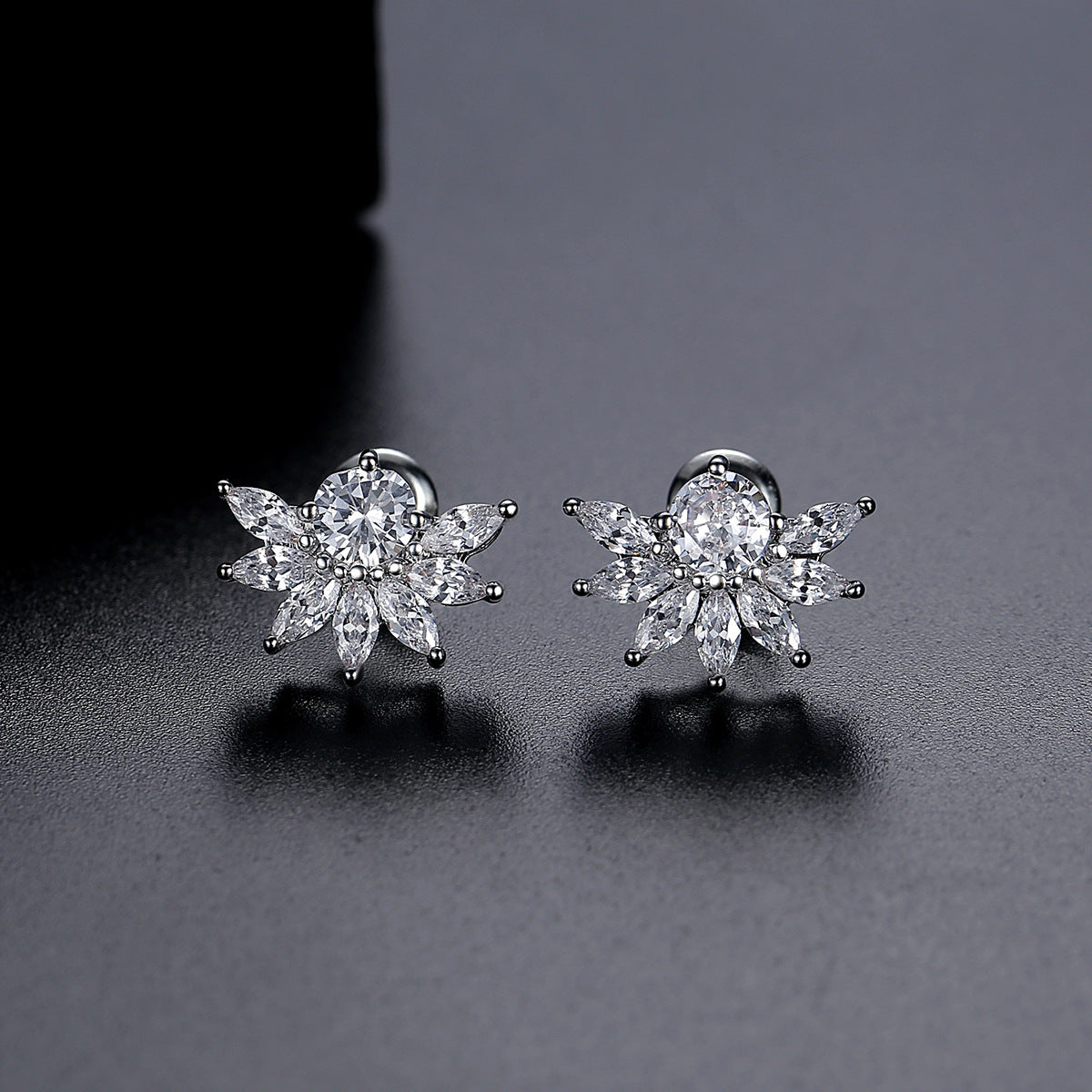 White Gold Plated Cubic Zirconia Flower Stud Earrings AAA2300