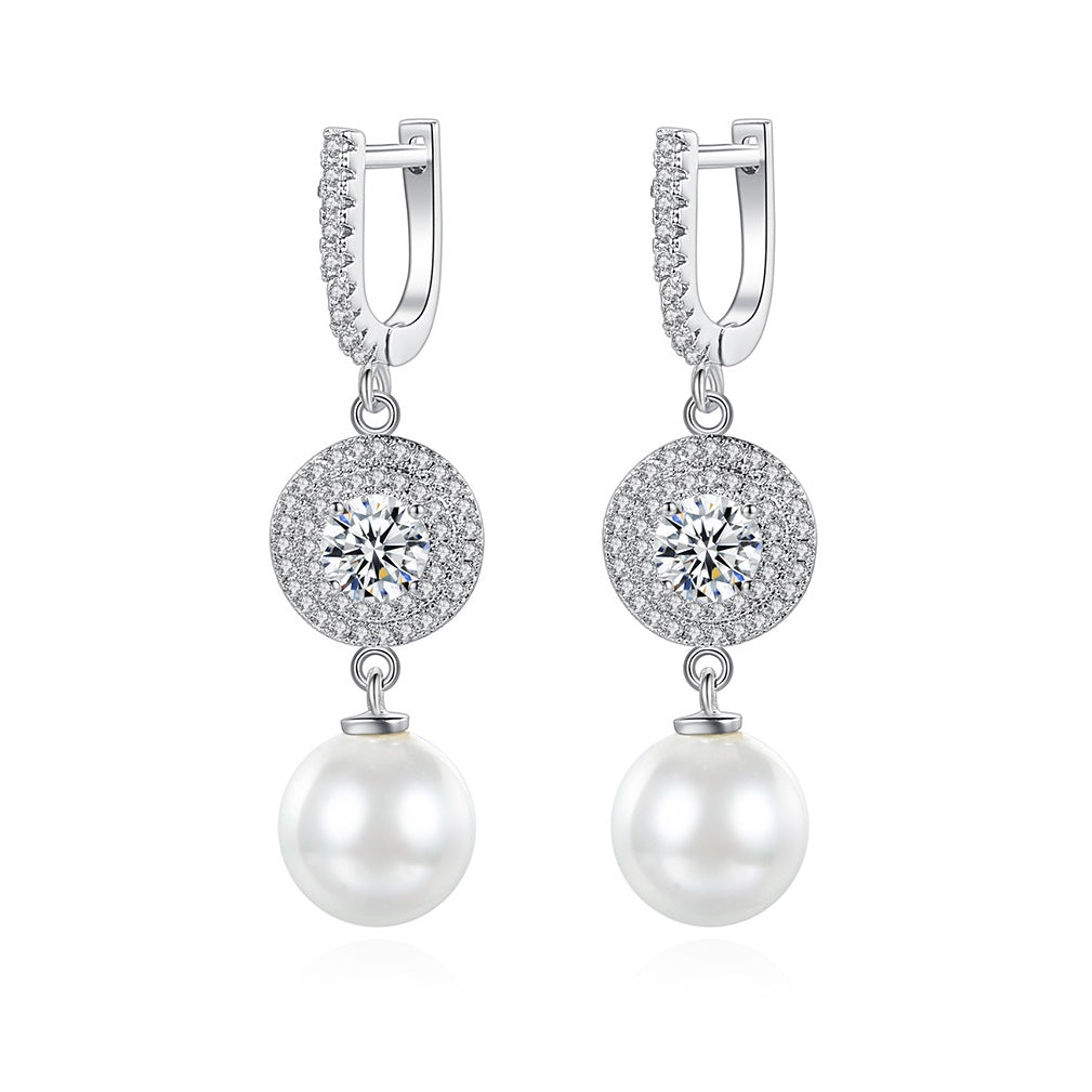 White Gold Plated Cubic Zirconia Faux Pearl Dangle Huggie Earrings AAA2309