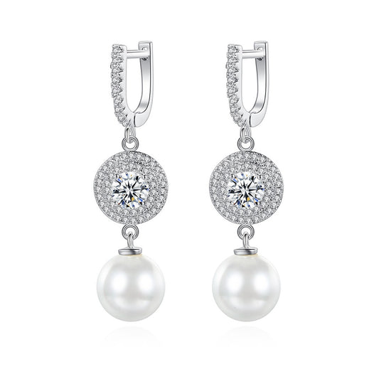 White Gold Plated Cubic Zirconia Faux Pearl Dangle Huggie Earrings AAA2309