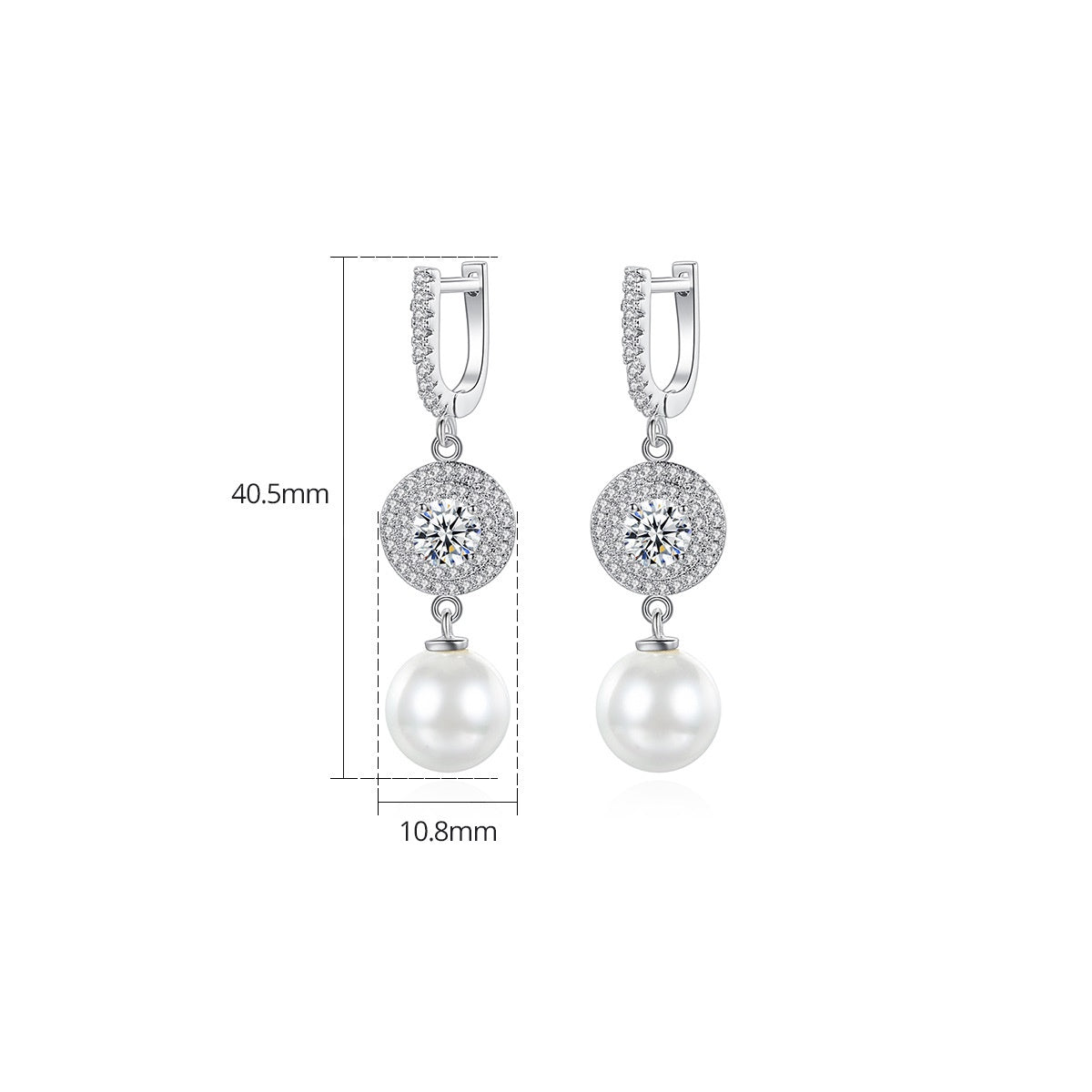 White Gold Plated Cubic Zirconia Faux Pearl Dangle Huggie Earrings AAA2309