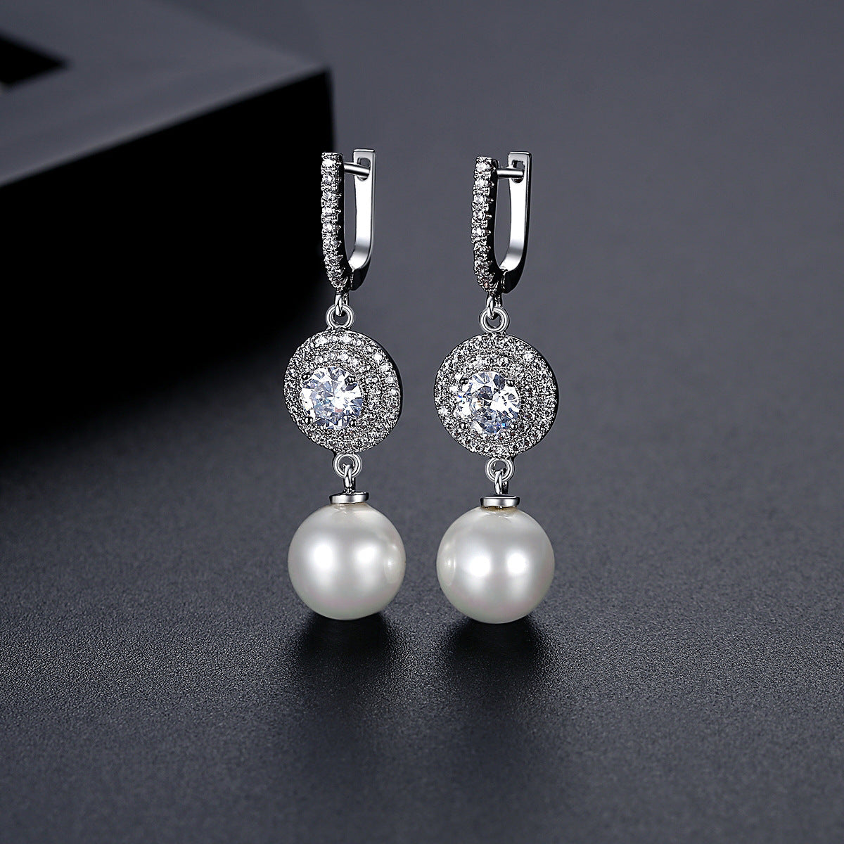 White Gold Plated Cubic Zirconia Faux Pearl Dangle Huggie Earrings AAA2309
