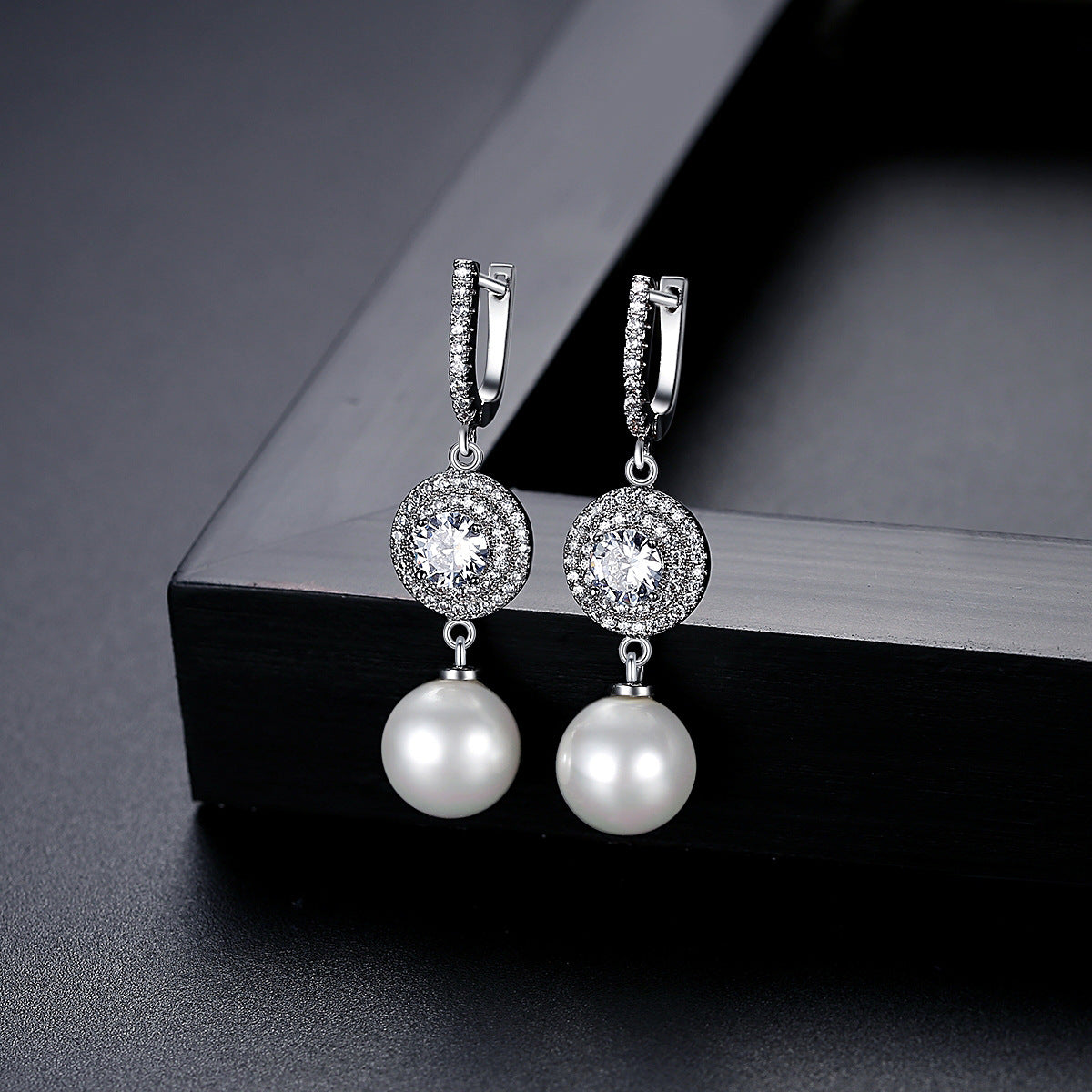 White Gold Plated Cubic Zirconia Faux Pearl Dangle Huggie Earrings AAA2309