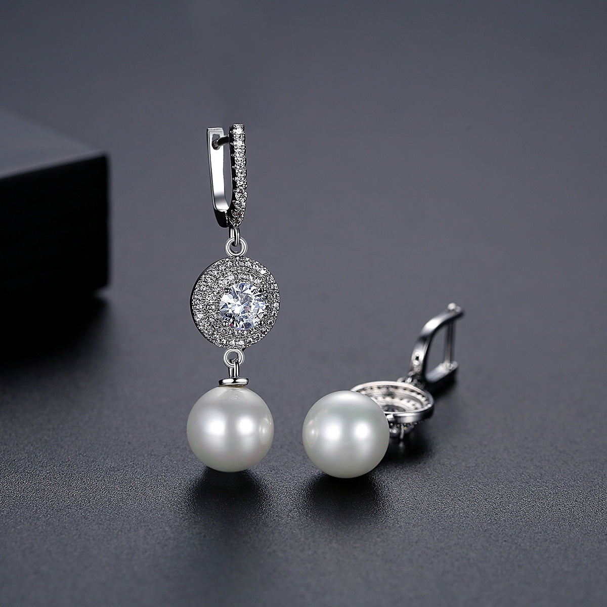 White Gold Plated Cubic Zirconia Faux Pearl Dangle Huggie Earrings AAA2309
