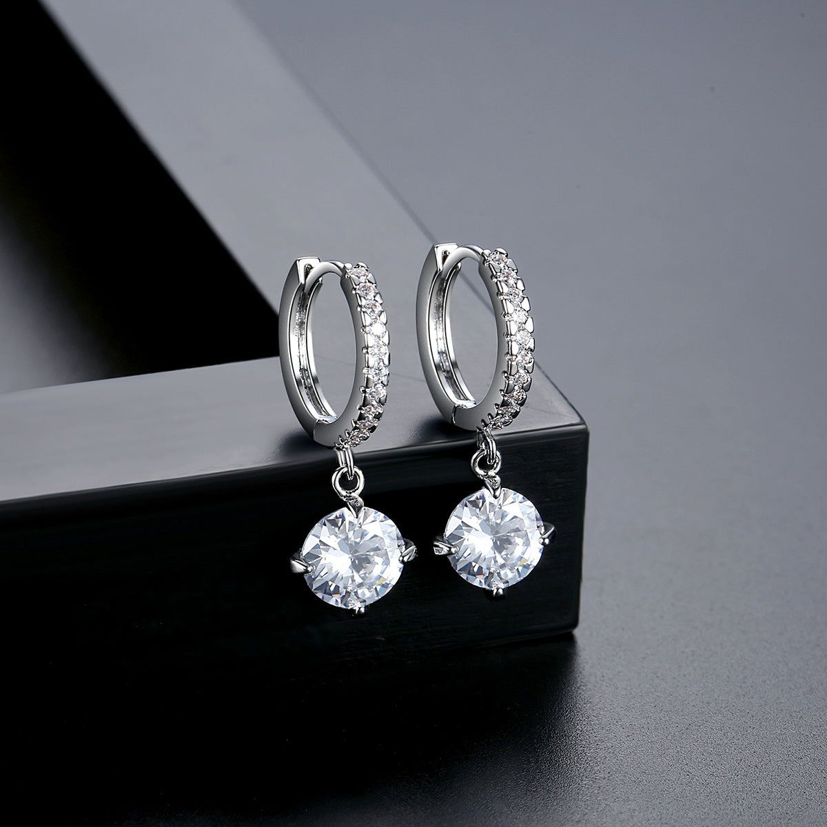 White Gold Plated Cubic Zirconia Huggie Dangle Earrings AAA2312