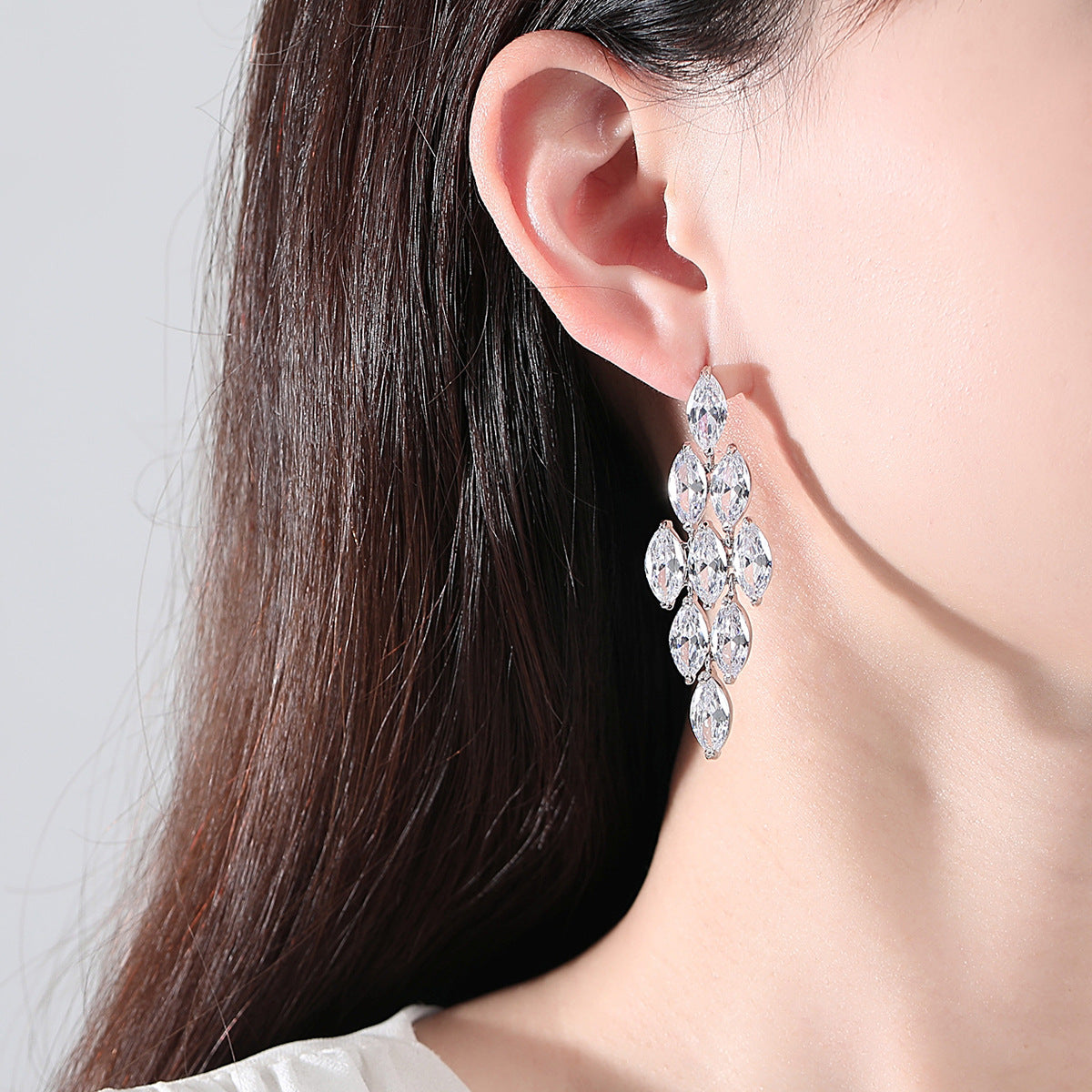 White Gold Plated Navette Cubic Zirconia Chandelier Earrings AAA2314