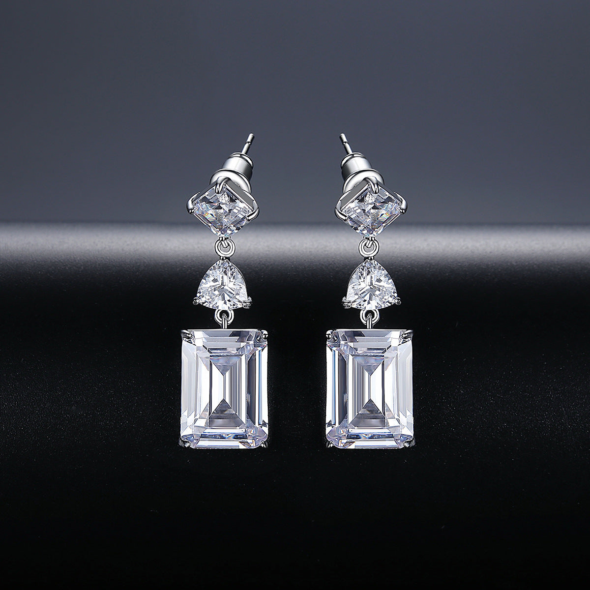 White Gold Plated Square Cubic Zirconia Dangle Earrings AAA2321