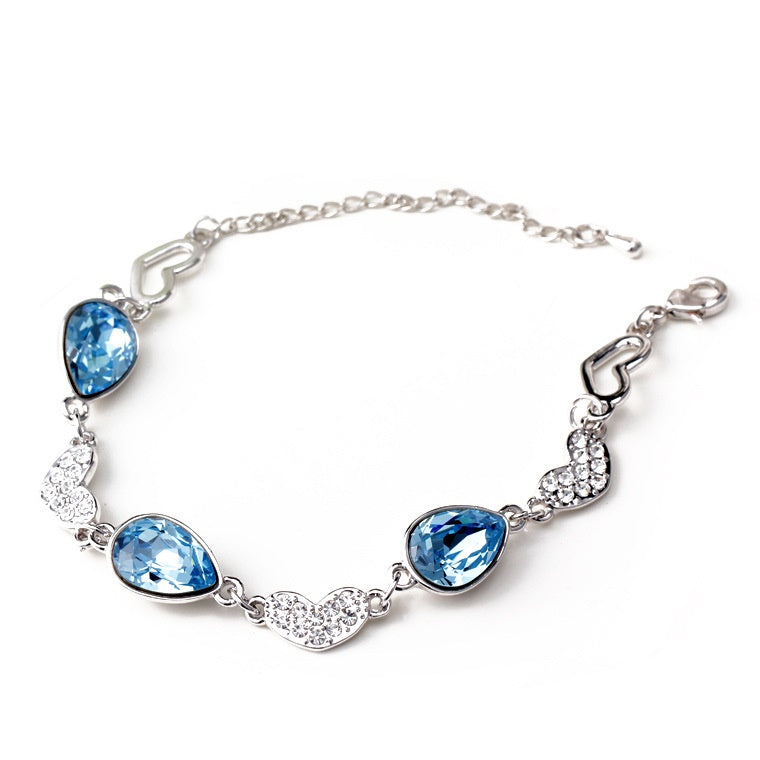 White Gold Plated Cubic Zirconia Heart & Blue Teardrop Bracelet AAA2323