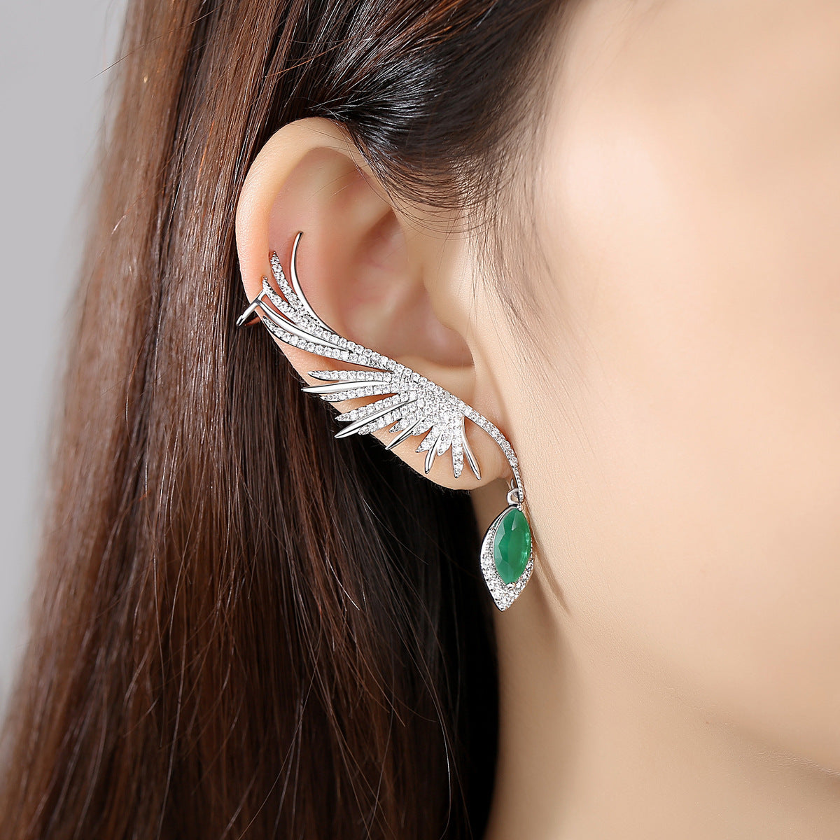 Green Marquise Cubic Zirconia Dangle Ear Cuff Earrings AAA2324