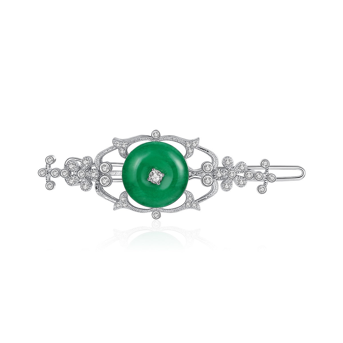 White Gold Plated Cubic Zirconia Faux Jade Hair Clip AAA2345