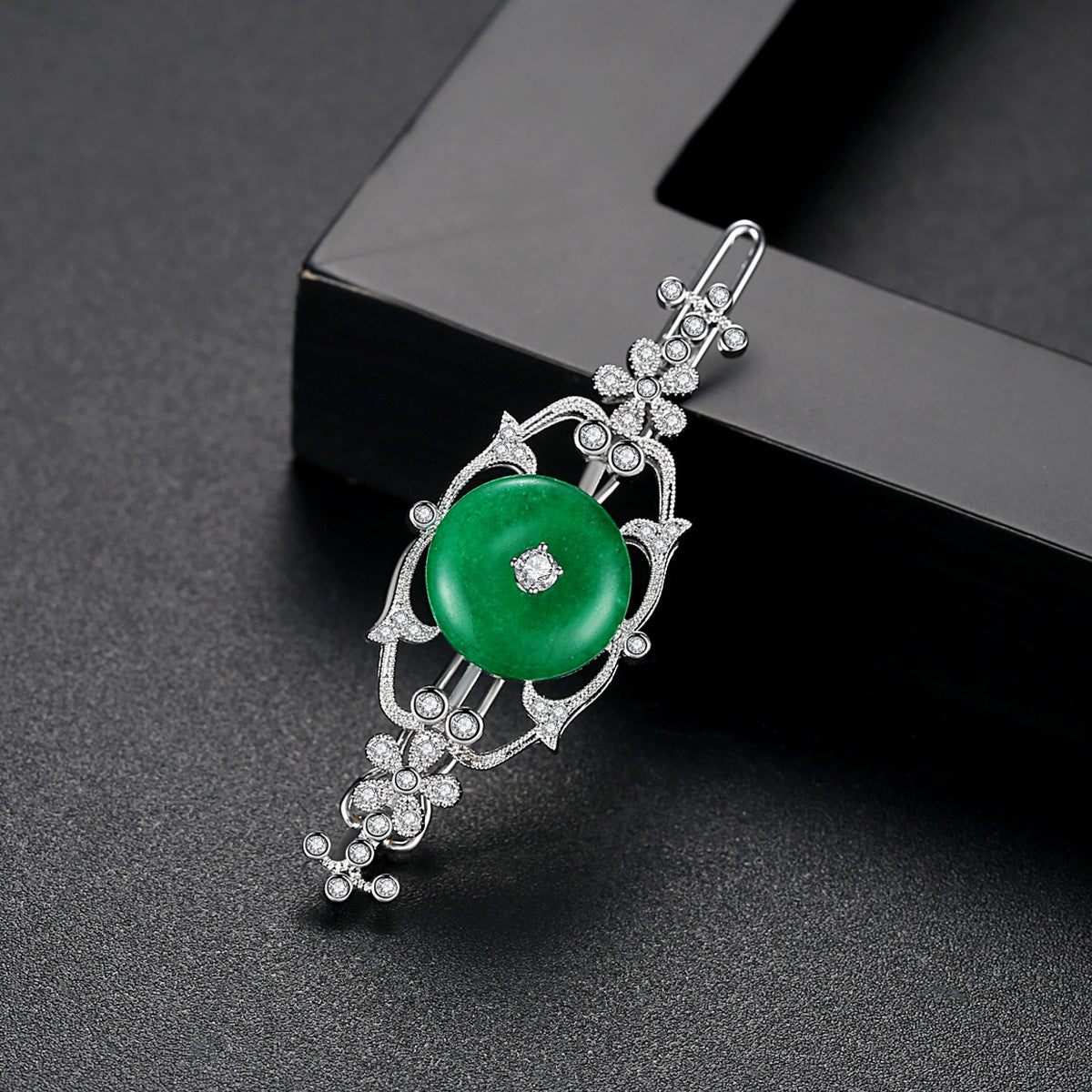 White Gold Plated Cubic Zirconia Faux Jade Hair Clip AAA2345