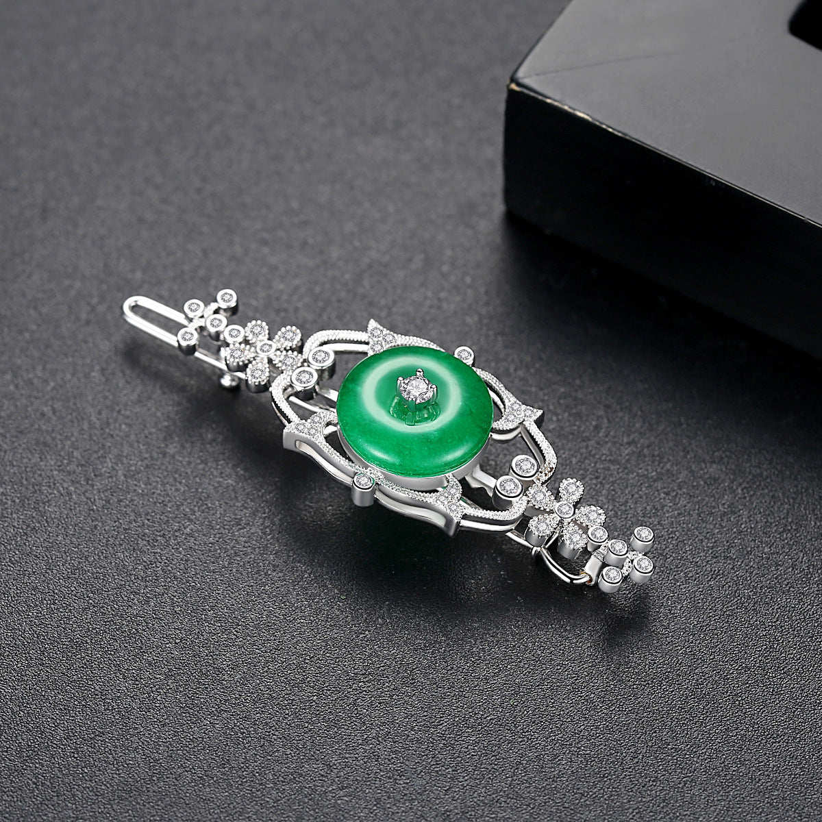 White Gold Plated Cubic Zirconia Faux Jade Hair Clip AAA2345