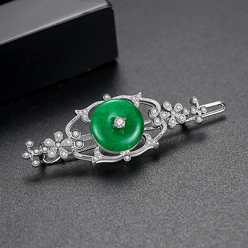 White Gold Plated Cubic Zirconia Faux Jade Hair Clip AAA2345