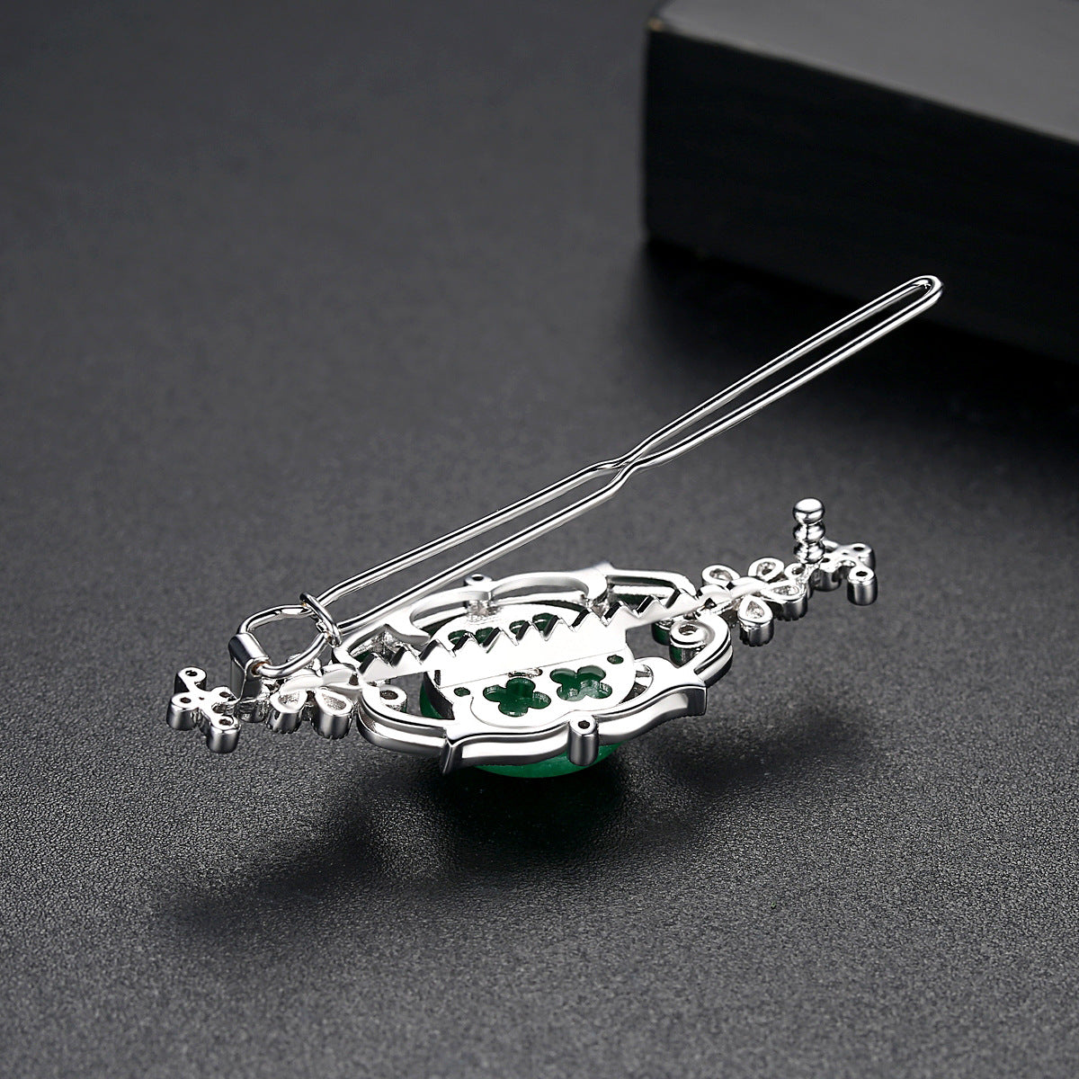 White Gold Plated Cubic Zirconia Faux Jade Hair Clip AAA2345