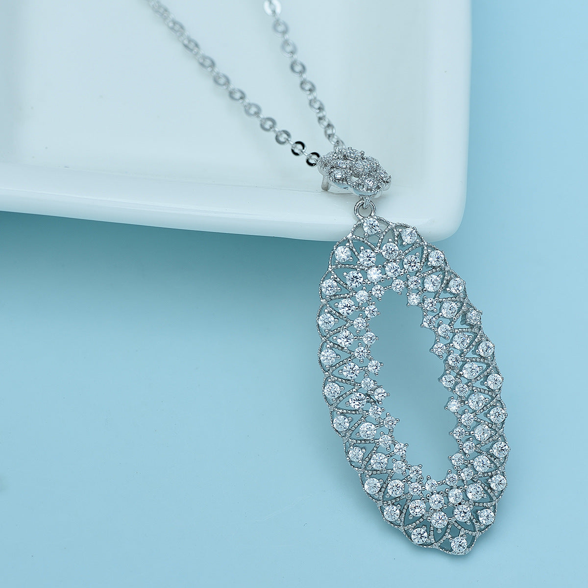 White Gold Plated Cubic Zirconia Marquise Shaped Pendant Necklace AAA2349