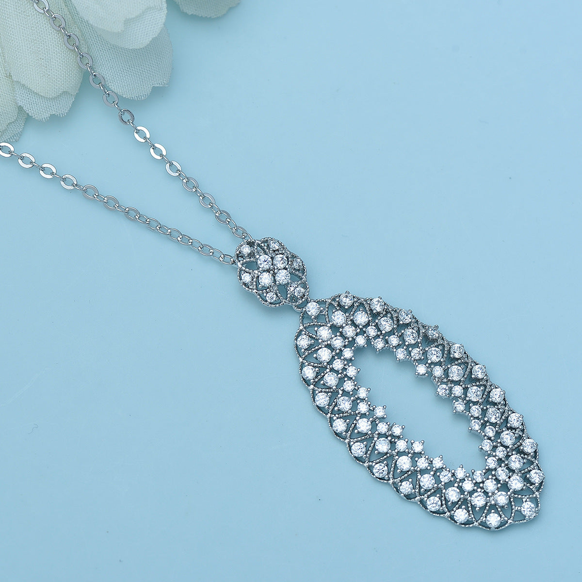 White Gold Plated Cubic Zirconia Marquise Shaped Pendant Necklace AAA2349