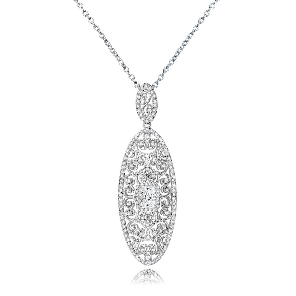 White Gold Plated Hollow Oval Shape Pendant Necklace AAA2356