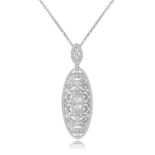 White Gold Plated Hollow Oval Shape Pendant Necklace AAA2356