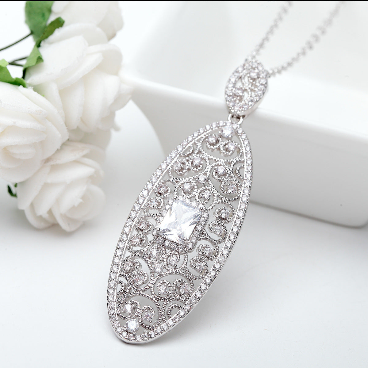 White Gold Plated Hollow Oval Shape Pendant Necklace AAA2356