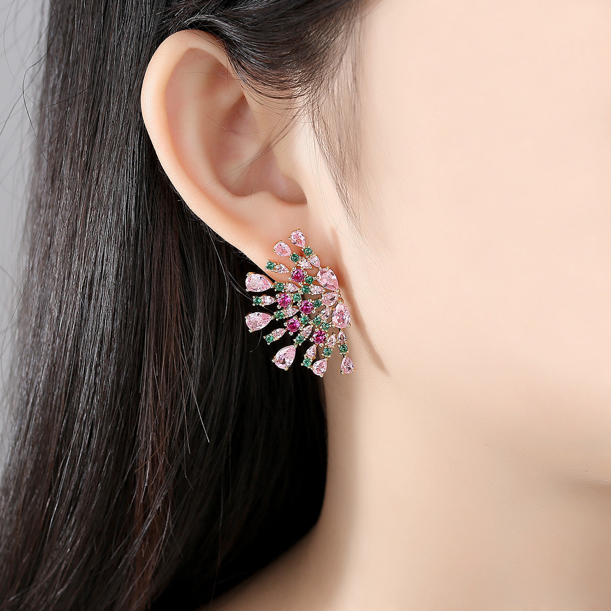 Multi-color Gold Plated Cubic Zirconia Flower Stud Earrings AAA2389