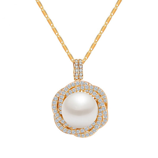 Gold Plated Cubic Zirconia Faux Pearl Pendant Necklace AAA2396