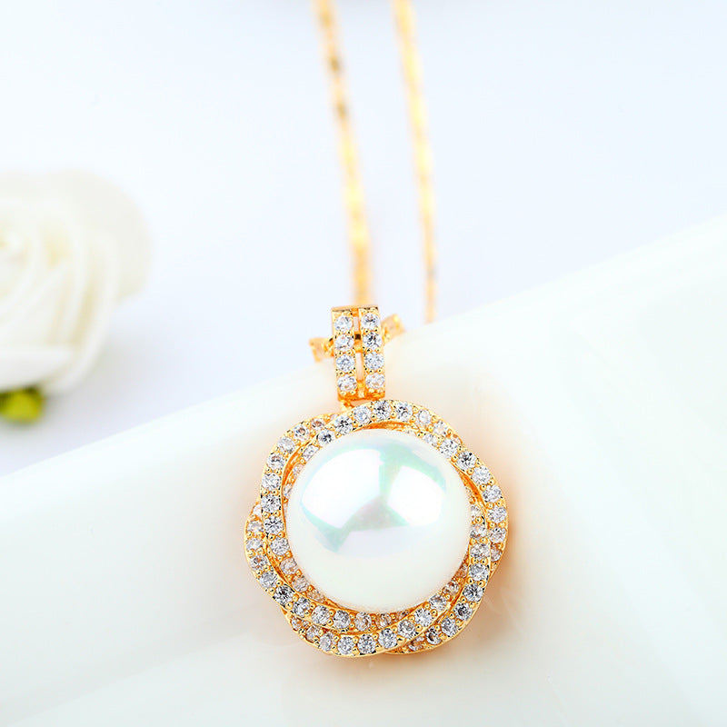 Gold Plated Cubic Zirconia Faux Pearl Pendant Necklace AAA2396