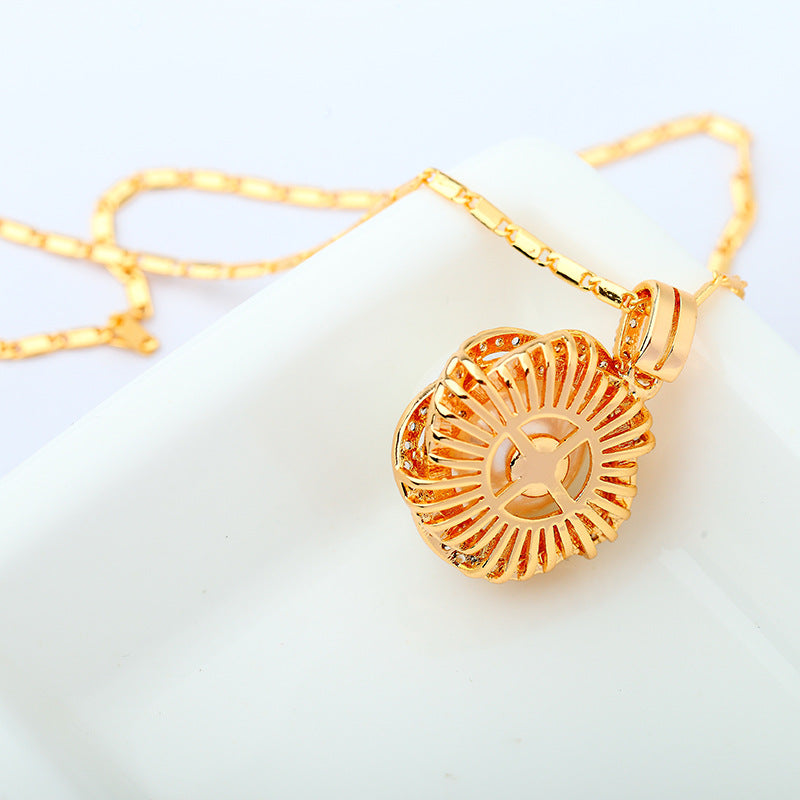 Gold Plated Cubic Zirconia Faux Pearl Pendant Necklace AAA2396