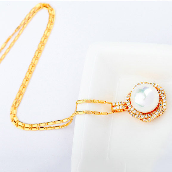 Gold Plated Cubic Zirconia Faux Pearl Pendant Necklace AAA2396
