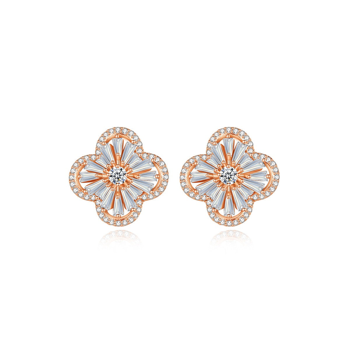 Rose Gold Plated Cubic Zirconia Four-Leaf Clover Stud Earrings AAA2404