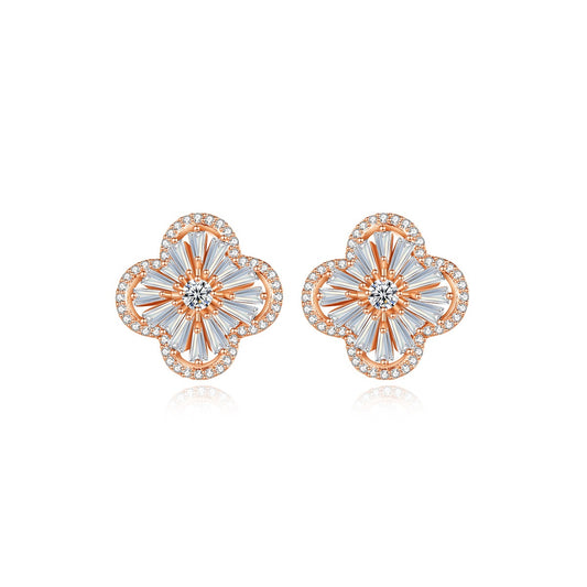 Rose Gold Plated Cubic Zirconia Four-Leaf Clover Stud Earrings AAA2404
