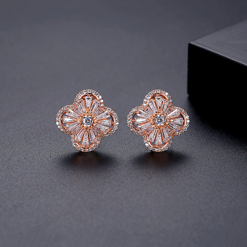 Rose Gold Plated Cubic Zirconia Four-Leaf Clover Stud Earrings AAA2404