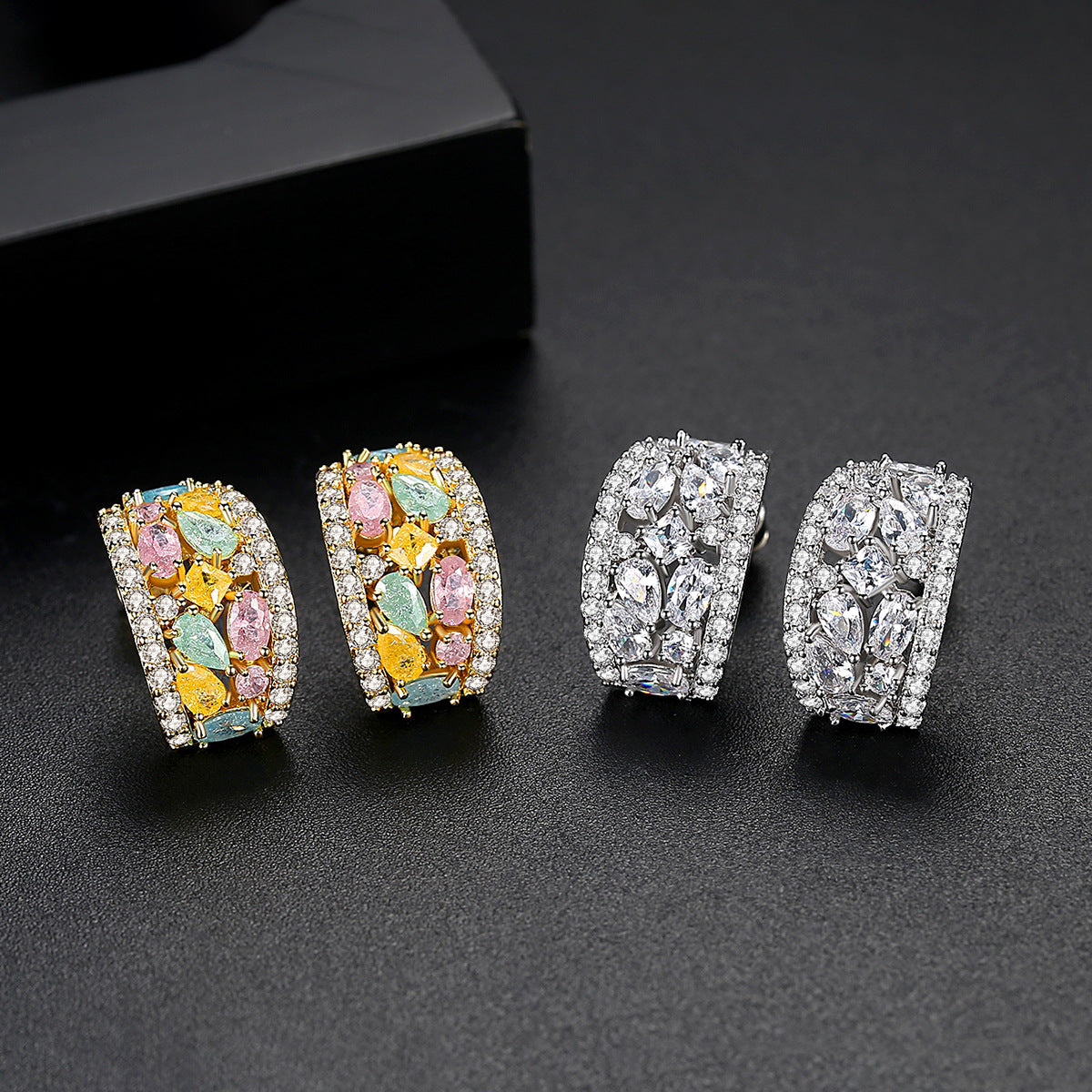 White Gold Plated Cubic Zirconia Concave Stud Earrings AAA2406