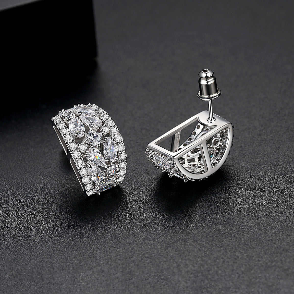 White Gold Plated Cubic Zirconia Concave Stud Earrings AAA2406