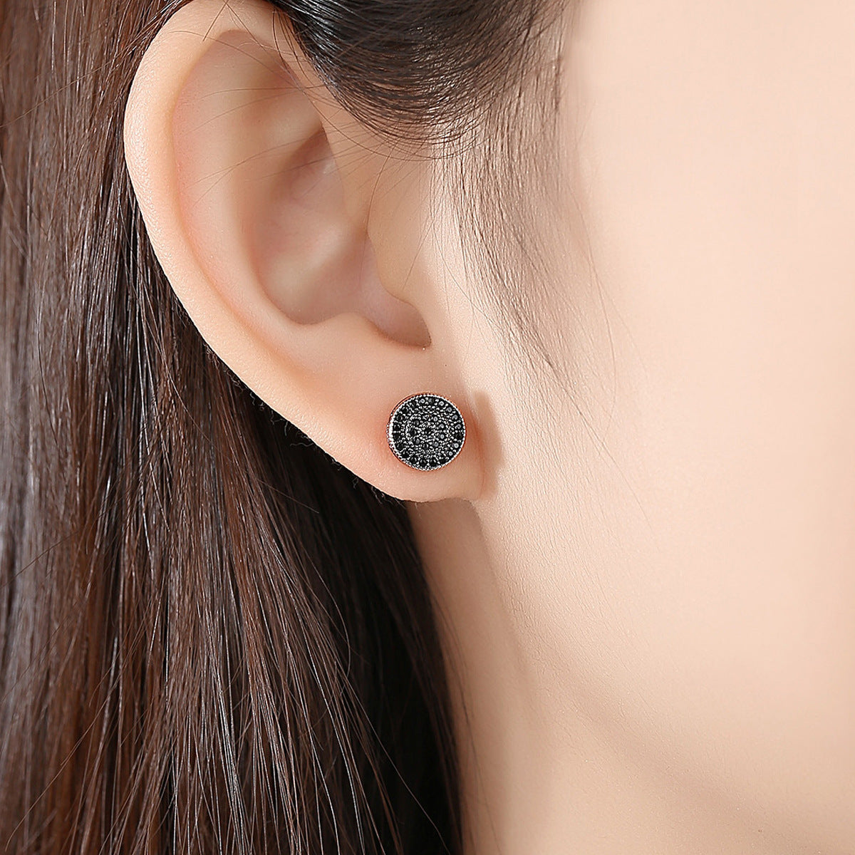 Rose Gold Plated Black Cubic Zirconia Round Stud Earrnings AAA2407