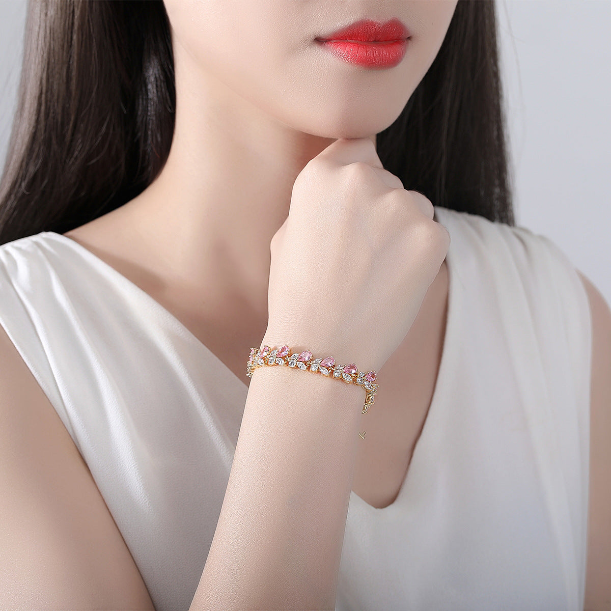 Gold Plated Pink & White Navette Cubic Zirconia Bracelet AAA2409