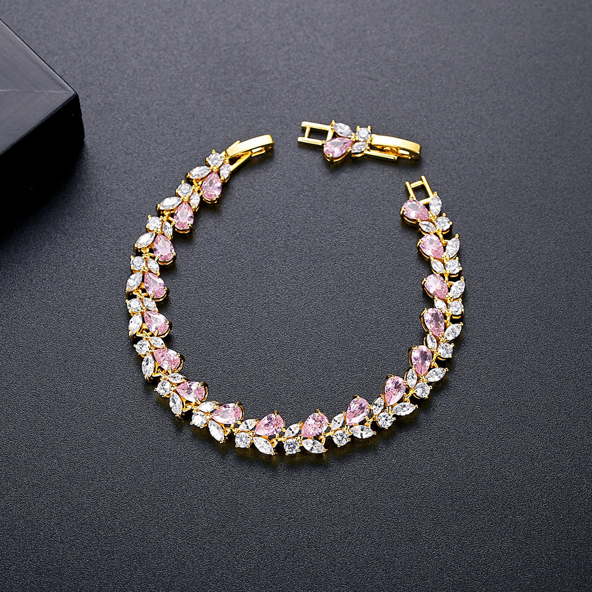 Gold Plated Pink & White Navette Cubic Zirconia Bracelet AAA2409