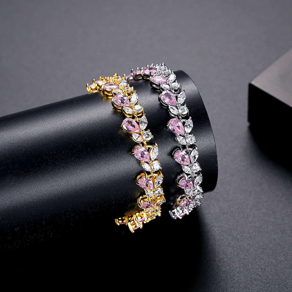 Gold Plated Pink & White Navette Cubic Zirconia Bracelet AAA2409