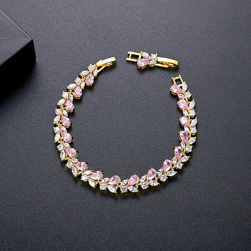 Gold Plated Pink & White Navette Cubic Zirconia Bracelet AAA2409