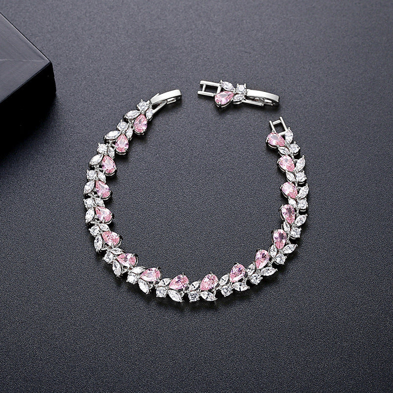 Gold Plated Pink & White Navette Cubic Zirconia Bracelet AAA2409