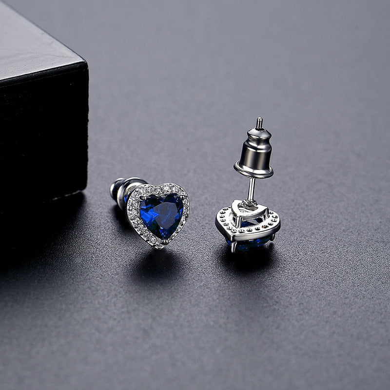 White Gold Plated Blue Heart Shape Cubic Zirconia Stud Earrings AAA2410