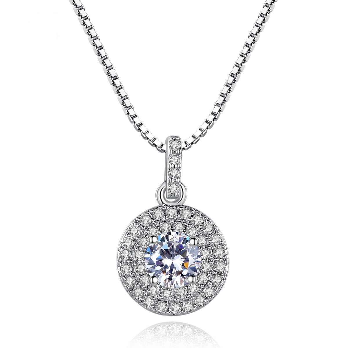 White Gold Plated Cubic Zirconia Round Pendant Box Chain Necklace AAA2412