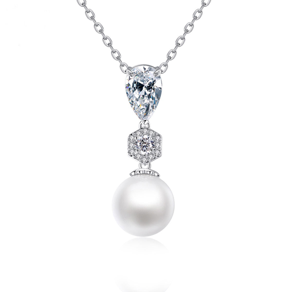 Teardrop Cubic Zirconia Faux Pearl Drop Pendant Necklace AAA2425