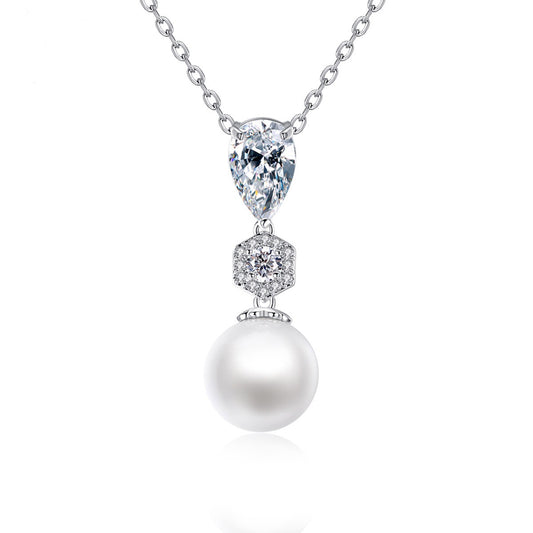 Teardrop Cubic Zirconia Faux Pearl Drop Pendant Necklace AAA2425