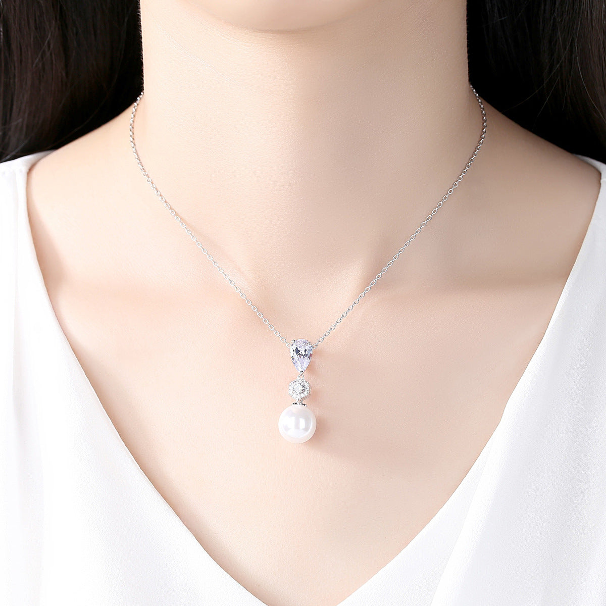 Teardrop Cubic Zirconia Faux Pearl Drop Pendant Necklace AAA2425